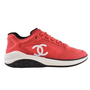 Chanel Mens 19P Red Lycra White Black CC Logo Lace Low Top Trainer Sneaker 44 11